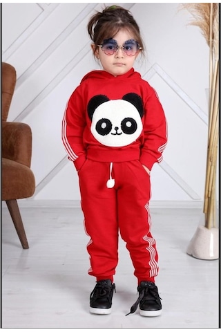 Quzucuk Kids Kız Çocuk Panda Figürlü Kırmızı Eşofman Takımı Çok Renkli