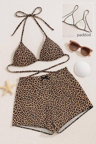 Northcity Kadın Leopar Desenli Şortlu Belden Ve Boyundan Bağlamalı Bikini Takımı