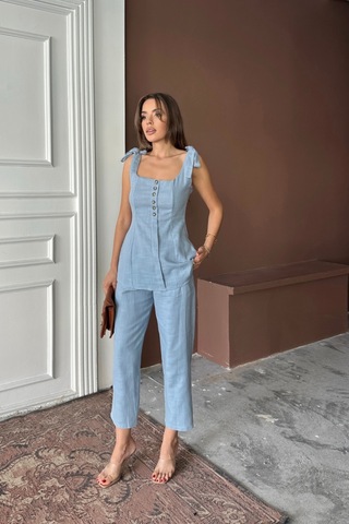 Modasize Şantuk Keten Yelek Görünümlüaskılı Bluz - Pantolon Tk - Mavi Mavi