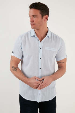 Buratti % 100 Pamuk Keten Görünümlü Slim Fit Kısa Kollu Erkek Gömlek Cf21S111766 Mavi