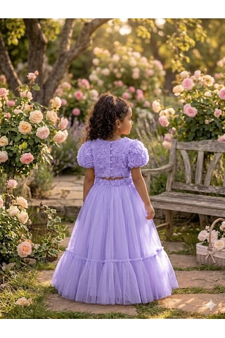 Star Kids Fashion Kız Çoçuk Mor Gül Detaylı Crop Elbise, Kız Çoçuk Mezuniyet Elbisesi Lila