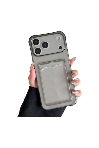 Teknomoda Apple Uyumlu iPhone 17 Pro Max Kılıf Kartlıklı Anti Şok Korumalı Şeffaf Silikon Füme Koyu Şeffaf Acık Siyah Füme