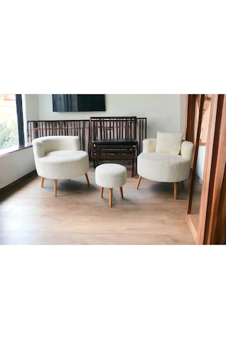 Çay Seti İkili Koltuk Berjer Ve Puf Takımı Salon, Balkon, Ofis 3 Lü Takım Şark Köşesi Beyaz