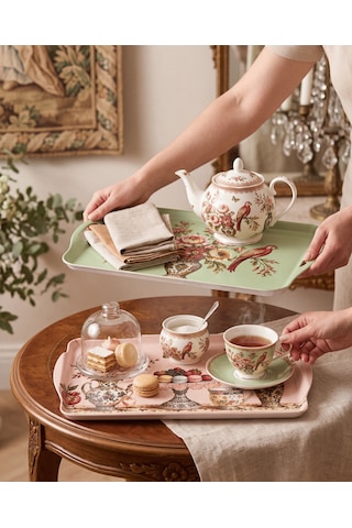 Makaron Ve Çiçek Desenli 2 Li Melamin Sunum Tepsisi Seti Rosave Çok Renkli