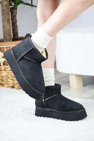 Asmi Shoes Kadın Pavro Süet İçi Kürklü Kalın Taban 4.5 Cm Mini Kısa Bot Siyah Siyah