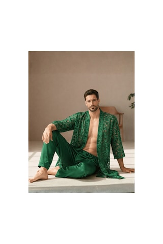 Qmen Style Erkek Kimono Takımı 3 Lü Dantel Set Bornoz + Pantolon + Şort Yeşil
