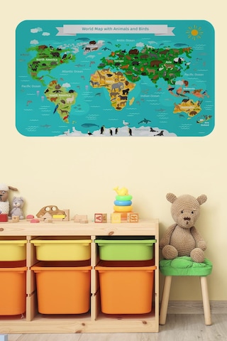 Eğitici Dünya Haritası Dünya Atlası Çocuk Ve Bebek Odası Duvar Sticker-60x105-3780 - Renkli Çok Renkli