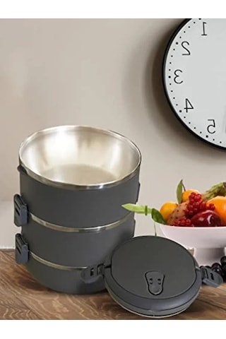 Füme Renkli 3 Katlı Sızdırmaz Yemek Termosu, 1.8 Litre Kapasite Açık Bej
