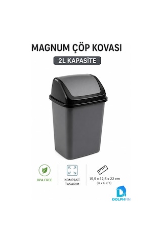 Magnum 2 Litre Sallanır Kapaklı Mini Çöp Kovası Masaüstü Banyo Mutfak Antrasit