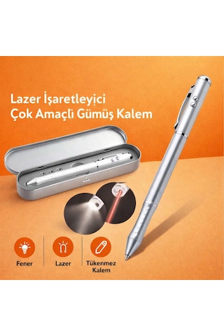 Metal Kutulu Kırmızı Lazerli, Beyaz Led Işıklı Pointer İşaretçi Kalemi Metal Tükenmez Kalem Gümüş