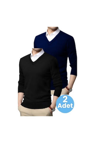 Tezzgelsin 2'li Erkek V Yaka Uzun Kol Triko Tüylenmez Süveter Erkek Slim Fit Süveter Lacivert - Siyah