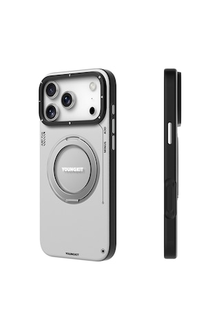 Apple Uyumlu iPhone 17 Pro Kılıf M-safe 360 Standlı Basit Mat Deri Desenli Youngkit Tech Leather Serisi Kapak Gri Gri
