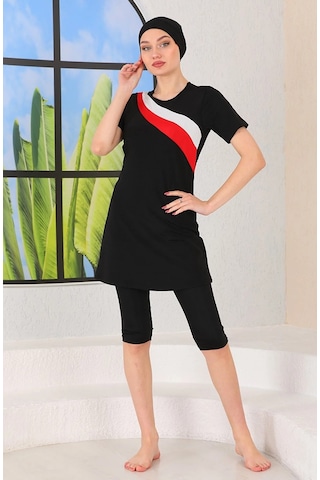 Aslınur Tesettür Mayo Likralı Çabuk Kuruyan Kısakol Beyaz-Kırmızı Siyah