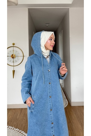 Esra Butik78 Kadın Oversize Kapüşonlu İnce Tensel Kot Kap 120 Cm Mavi