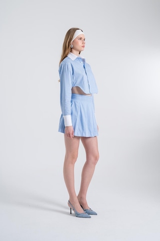 Holly Lolly Çizgili Pilili Mini Harmony Poplin Etek Mavi
