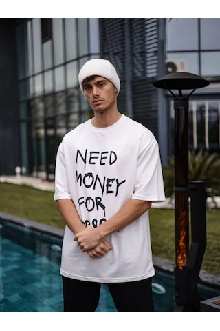 Modi Unisex Bisiklet Yaka Baskılı Oversize T-shirt - Beyaz - Mymg180508