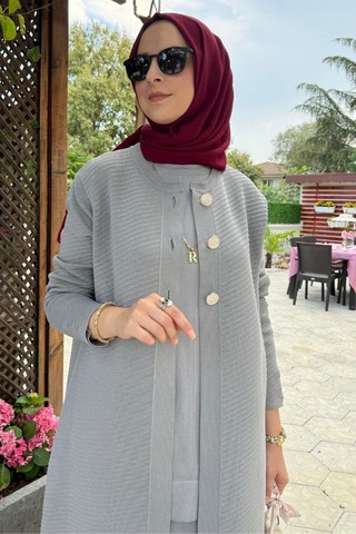 Rabia Şamlı Sinem Çelik Örme Triko Hırka Gri Çok Renkli