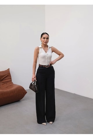 Defymoda Keten Kemerli Ve Dökümlü Palazzo Pantolon Kemer Dahi L Siyah