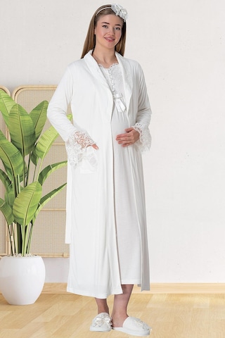 Mecit Pijama Mecit 5417 Ekru Uzun Sabahlıklı Lohusa Gecelik Takımı