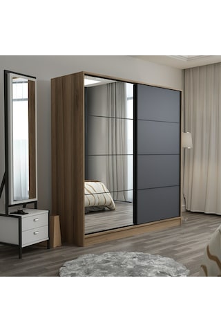Minarmobilya Minar Kale 2 Kapaklı Aynalı Sürgülü Dolap 180 Cm - Dore/Antrasit