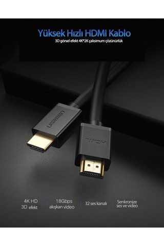 Ugreen 10106 Uhd 4K Yüksek Hızlı Ethernet ve Hdmi Kablosu. 1M