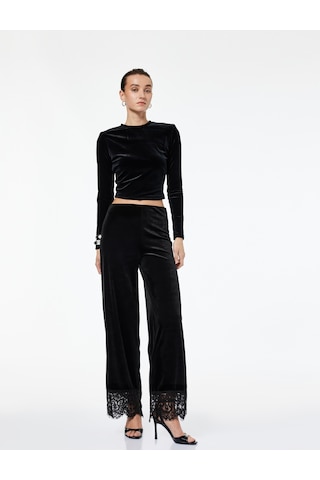 Koton Uzun Kollu Bisiklet Yaka Slim Fit Kadife Crop Tişört Siyah 6wak50046ek Siyah