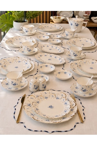 44 Parça Queen Blue Porselen Kahvaltı Takımı -6031 Beyaz