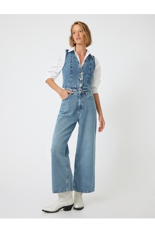 Koton Crop Bol Paça Kot Pantolon Normal Bel Slim Fit Düğmeli - Wide Leg Crop Jean Açık İndigo 5wal40111md