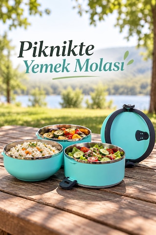 Üç Katlı Sefer Tası Sızdırmaz Kapaklı Çelik İç Hazneli Yemek Taşıma Kabı Turkuaz