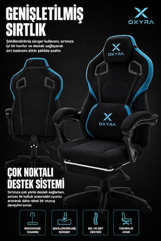 OXYRA Thalron Ergonomik Premium Terletmez Kumaş | Bel Masaj Destekli Oyuncu Koltuğu
