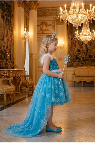 Parti Selesi Karlar Ülkesi Frozen Elsa Kostüm Mavi Ön Kısa Arka Uzun Elbise Kız Çocuk Kıyafet Mavi