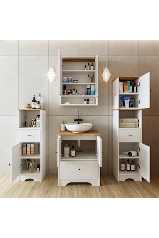 Lavabolu Banyo Dolabı Mat Beyaz Mdf 60 Cm Çekmeceli Banyo Dolabı Atlantik Çam - Beyaz