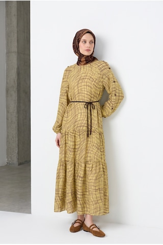 Armine Trend Kolları Düğme Detaylı Beli İpli Elbise Sarı 26yt932