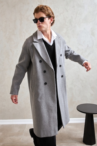 Hyman Erkek Oversize Astarlı Uzun Kaşe Kaban Gri