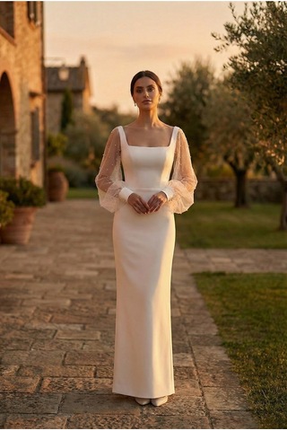 Berissima Bride İnci Detaylı Balon Kol Nikah Elbisesi, Kare Yaka, Kırık Beyaz, Maxi Yırtmaçlı Etek, Celia Kırık Beyaz Kırık Beyaz