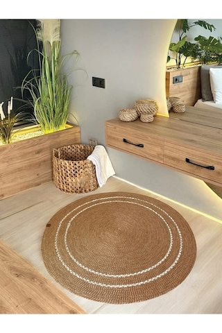 Yuvarlak Dekoratif Çeyizlik Kilim 100 Cm - Leke Tutmaz -kolay Temizlenebilir- Natural Kahverengi