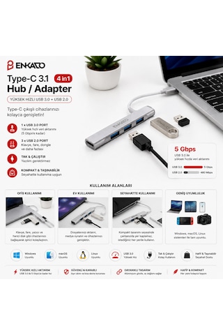 Type-c 3.1 Giriş 4ın1 Usb Çoğaltıcı 4 Anahtarlı Port - Hı-speed Usb 3.0 - Usb 2.0 Hub Adaptör Ekd-tp50