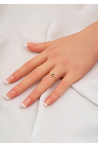 Bilezikci Yeşil Bagetli 14 Ayar Altın Minimal Yüzük Sarı Altın