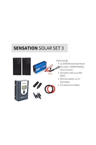 Sensation Solar Set Paket 3 Karavan,bağ Evi Monokristal Güneş Paneli-mppt-inverter Modifiye Sinüs