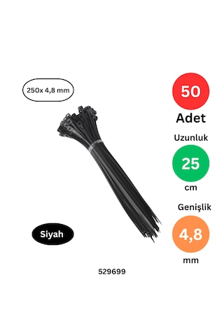 Plastik Kablo Bağı Klipsi Cırt Kelepçe 250 X 4.8 Siyah 50 Adet Siyah