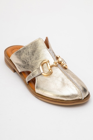 Luvishoes Favor Altın Metalik Hakiki Deri Tokalı Önü Kapalı Kadın Terlik Altın