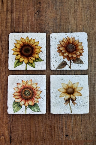 Doğal Taş Bardak Altlığı - Sarı Çiçekler Temalı 10x10cm Stone Coasters Çok Renkli