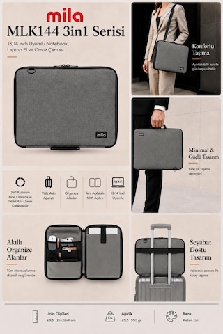 Mila 3in1 Serisi Mlk144 13,14 İnch Uyumlu Tablet, Laptop El Ve Omuz Çantası - Keten Gri Mila 3in1 Serisi Mlk144 13,14 İnch Uyumlu Tablet, Laptop El Ve Omuz Çantası - Keten Gri