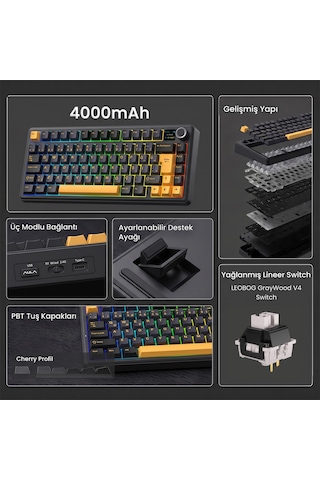 Aula F75 Max Mekanik Gaming Oyuncu Klavyesi Tkl Rgb Graywood V4 Switch Kablosuz Makrolu Hot Swap Türkçe Q Siyah 10334604