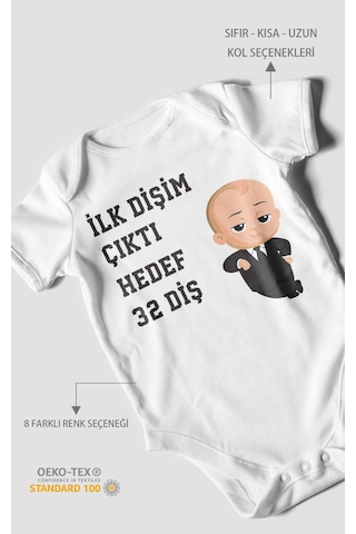 Morivokids İlk Dişim Çıktı Hedef 32 Diş Kısa Kollu Bebek Body Beyaz