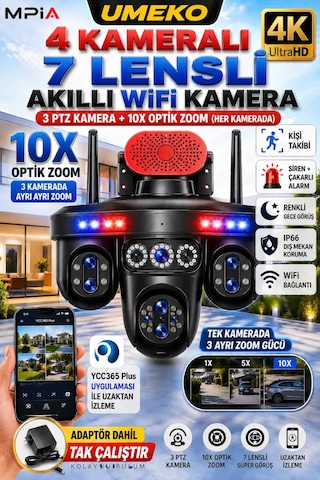 Mpıa Umeko 4 Kameralı 7 Lensli Wifi Kamera 3 Ptz 10x Optik Zoom Ip66 Gece Görüş