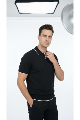 Plus Scorpion Erkek Pike Dokulu Triko Polo Yaka Tişört Slim Fit Şerit Detaylı Yazlık Model Siyah
