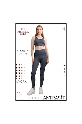 Missmaral Kadın Alt Üst Takım Fitness Pilates Koşu Spor Slm Fit Tayt Çift Cep Yüksek Bel Likralı Antrasit 3065 Antrasit