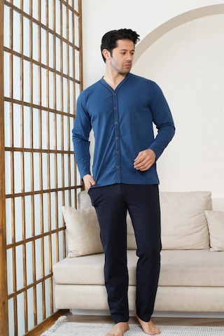 Erkek V Yaka Önden Düğmeli Pamuk Likra Mevsimlik Uzun Kol Cepli Pijama Takımı İndigo
