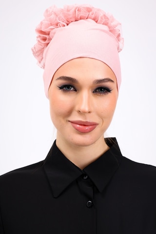 Loggia Fırfırlı Dikişsiz Penye Bone Pembe - Kadın Tesettür Bağlamalı Topuz İç Bone Pudra Pembe